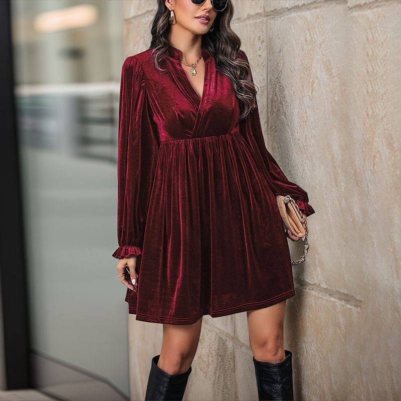 Women's Velvet Mini Dress with V-Neck and Puff Sleeves, Wine Red, view 5