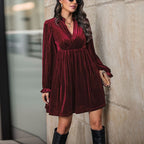 Women's Velvet Mini Dress with V-Neck and Puff Sleeves, Wine Red, view 5