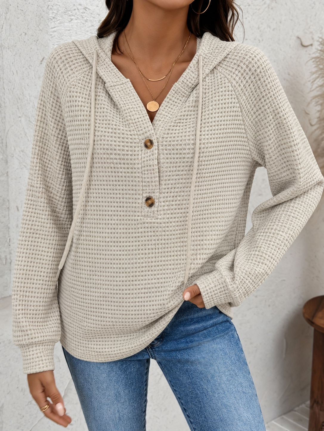 Women's Waffle-Knit Hoodie with Button Neck, Khaki, view 1