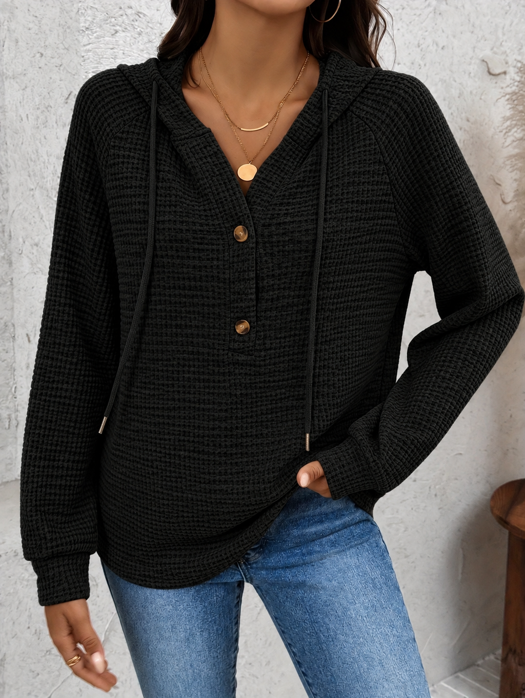 Women's Waffle-Knit Hoodie with Button Neck, Black, view 4