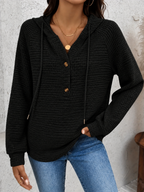 Women's Waffle-Knit Hoodie with Button Neck, Black, view 4