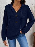 Women's Waffle-Knit Hoodie with Button Neck, Navy Blue, view 5