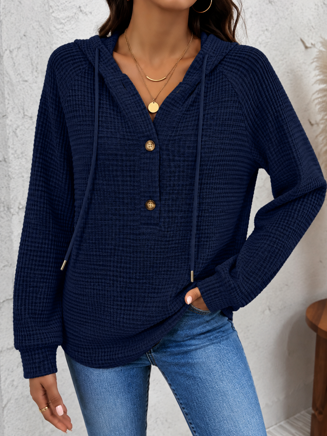 Women's Waffle-Knit Hoodie with Button Neck, Navy Blue, view 5