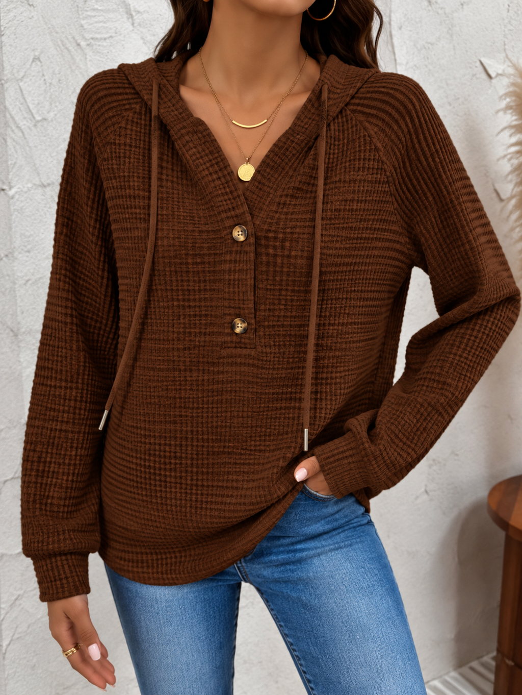 Women's Waffle-Knit Hoodie with Button Neck, Brown, view 6