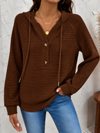 Women's Waffle-Knit Hoodie with Button Neck, Brown, view 6