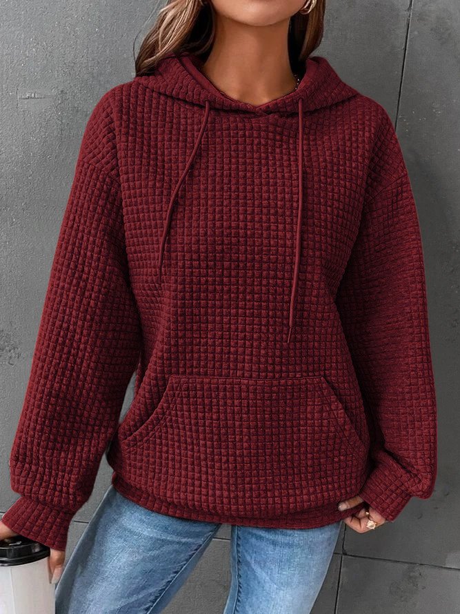 Women's Waffle Knit Hoodie with Drawstring Hood and Pocket, Red, view 1