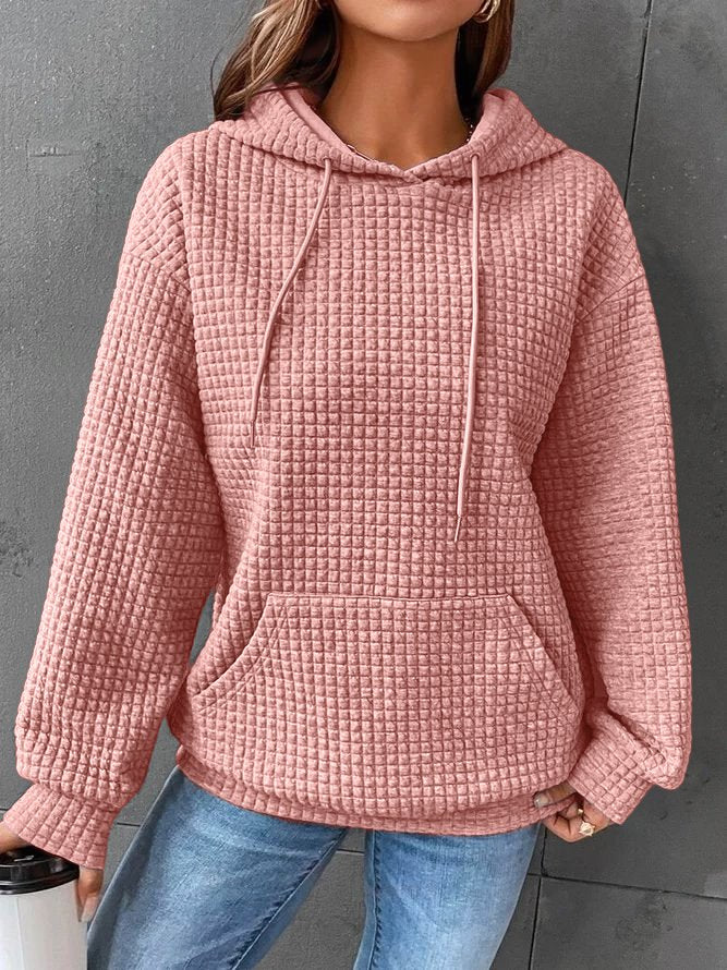 Women's Waffle Knit Hoodie with Drawstring Hood and Pocket, Pink, view 2
