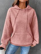 Women's Waffle Knit Hoodie with Drawstring Hood and Pocket, Pink, view 2