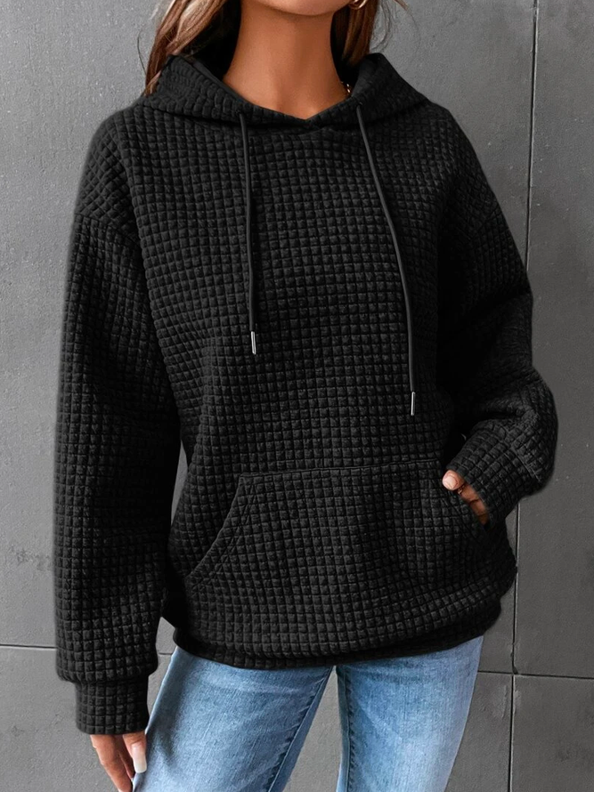 Women's Waffle Knit Hoodie with Drawstring Hood and Pocket, Black, view 3