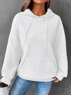 Women's Waffle Knit Hoodie with Drawstring Hood and Pocket, White, view 4