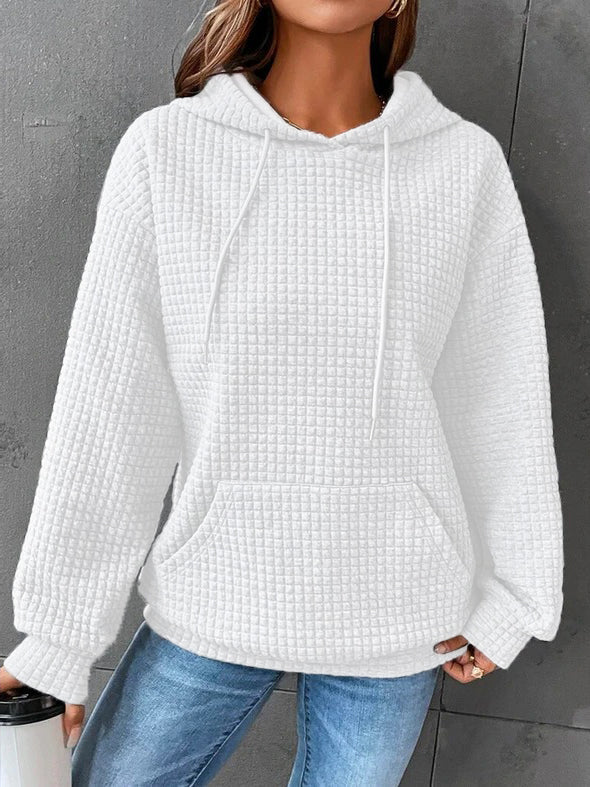 Women's Waffle Knit Hoodie with Drawstring Hood and Pocket, White, view 4