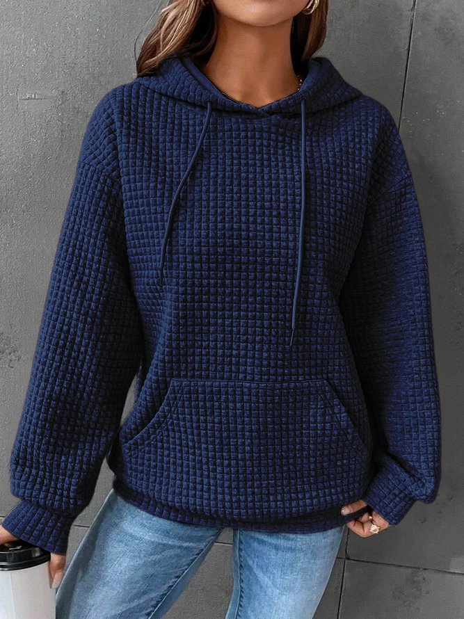 Women's Waffle Knit Hoodie with Drawstring Hood and Pocket, Blue, view 5