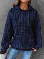 Women's Waffle Knit Hoodie with Drawstring Hood and Pocket, Blue, view 5