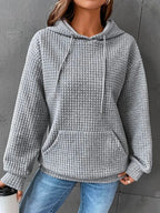 Women's Waffle Knit Hoodie with Drawstring Hood and Pocket, Grey, view 6