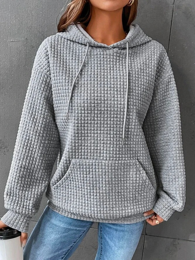 Women's Waffle Knit Hoodie with Drawstring Hood and Pocket, Grey, view 6