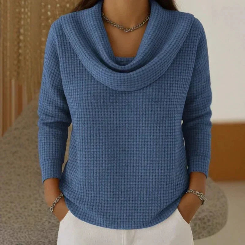 Women's Waffle-Knit Jumper with Draped Cowl Neck, Blue, view 1