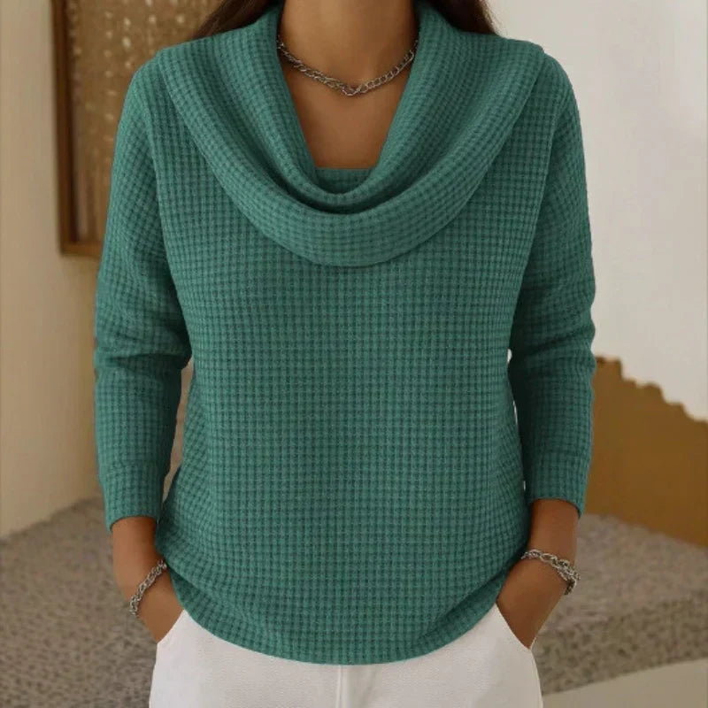 Women's Waffle-Knit Jumper with Draped Cowl Neck, Green, view 3