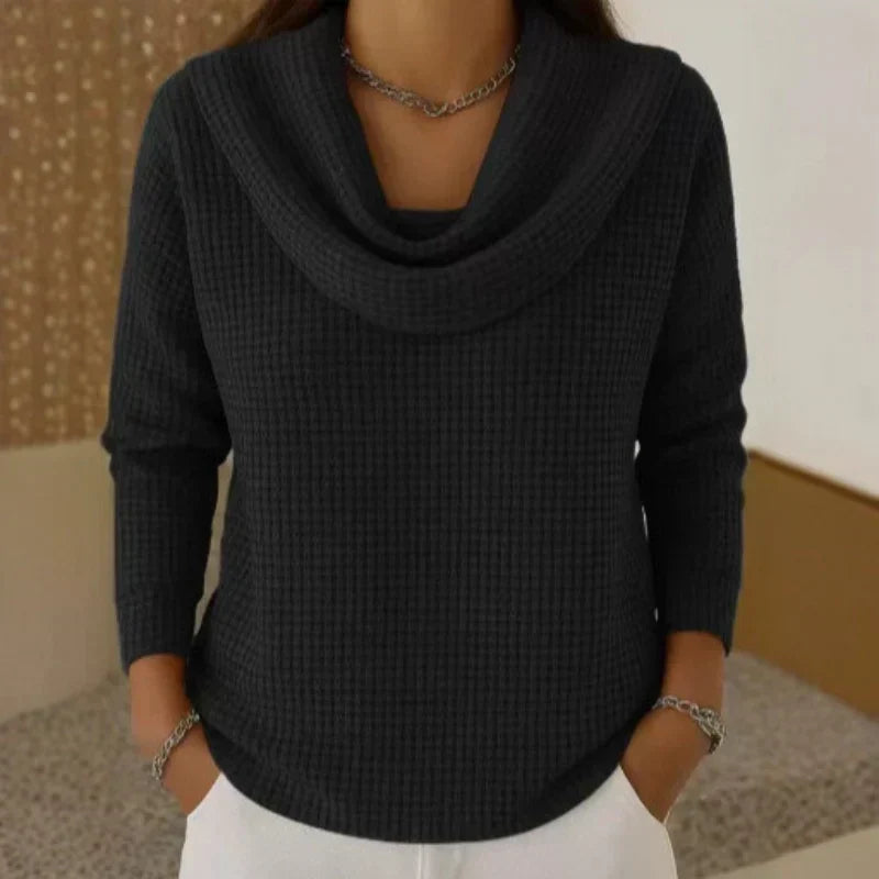 Women's Waffle-Knit Jumper with Draped Cowl Neck, Black, view 5