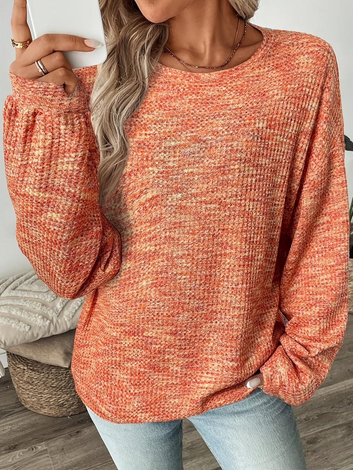 Women's Waffle-Knit Jumper with Puff Sleeves, Orange, view 1