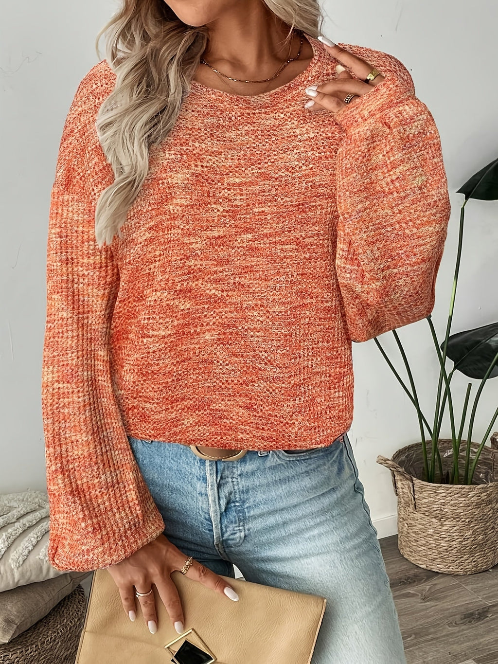 Women's Waffle-Knit Jumper with Puff Sleeves, view 3