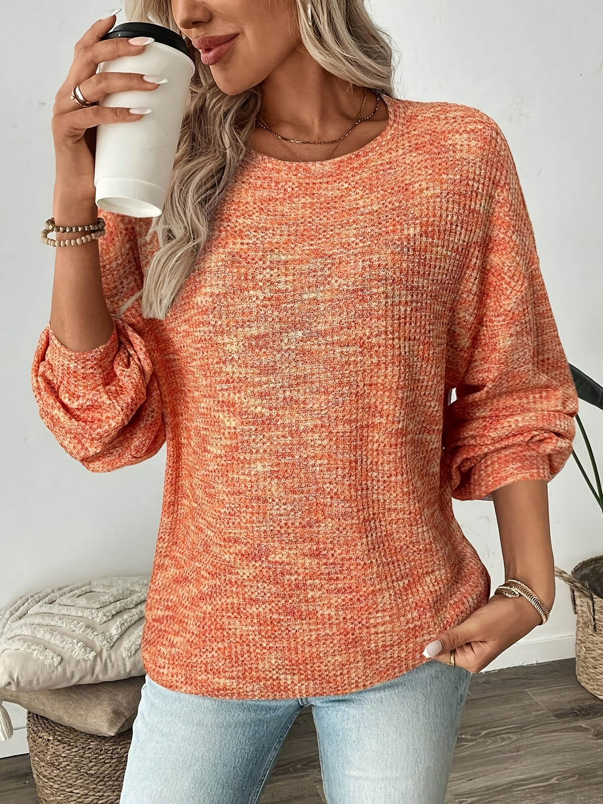 Women's Waffle-Knit Jumper with Puff Sleeves, view 4