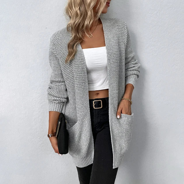 Women's Waffle Knit Open Front Cardigan with Pockets, Grey, view 1