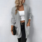 Women's Waffle Knit Open Front Cardigan with Pockets, Grey, view 1