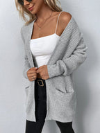Women's Waffle Knit Open Front Cardigan with Pockets, view 2