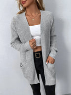 Women's Waffle Knit Open Front Cardigan with Pockets, view 3
