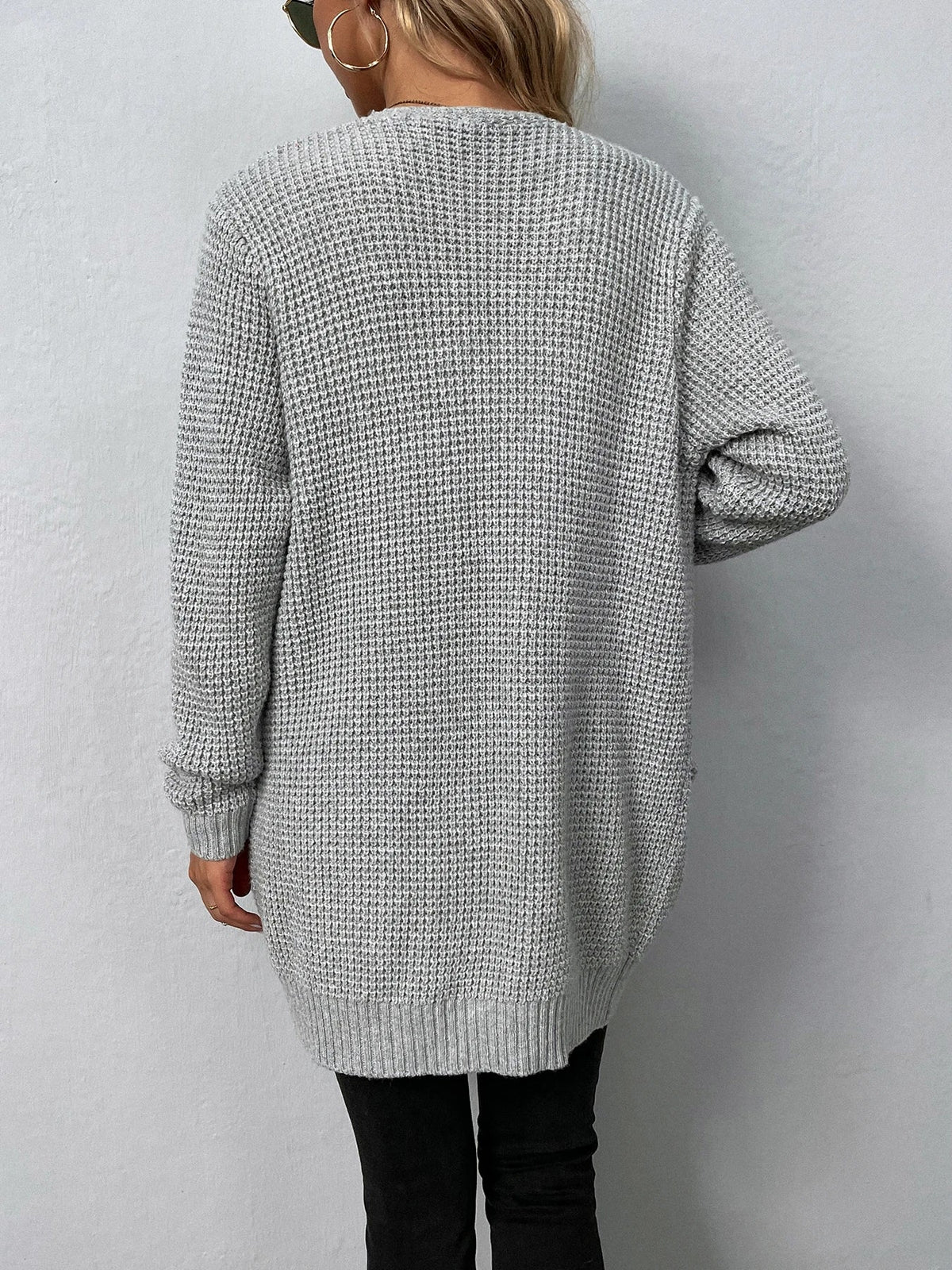 Women's Waffle Knit Open Front Cardigan with Pockets, view 4