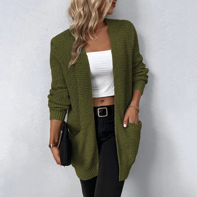 Women's Waffle Knit Open Front Cardigan with Pockets, Army green, view 6