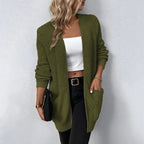 Women's Waffle Knit Open Front Cardigan with Pockets, Army green, view 6