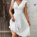 Women's White Broderie Anglaise Midi Dress with Smocked Waist, White, view 1