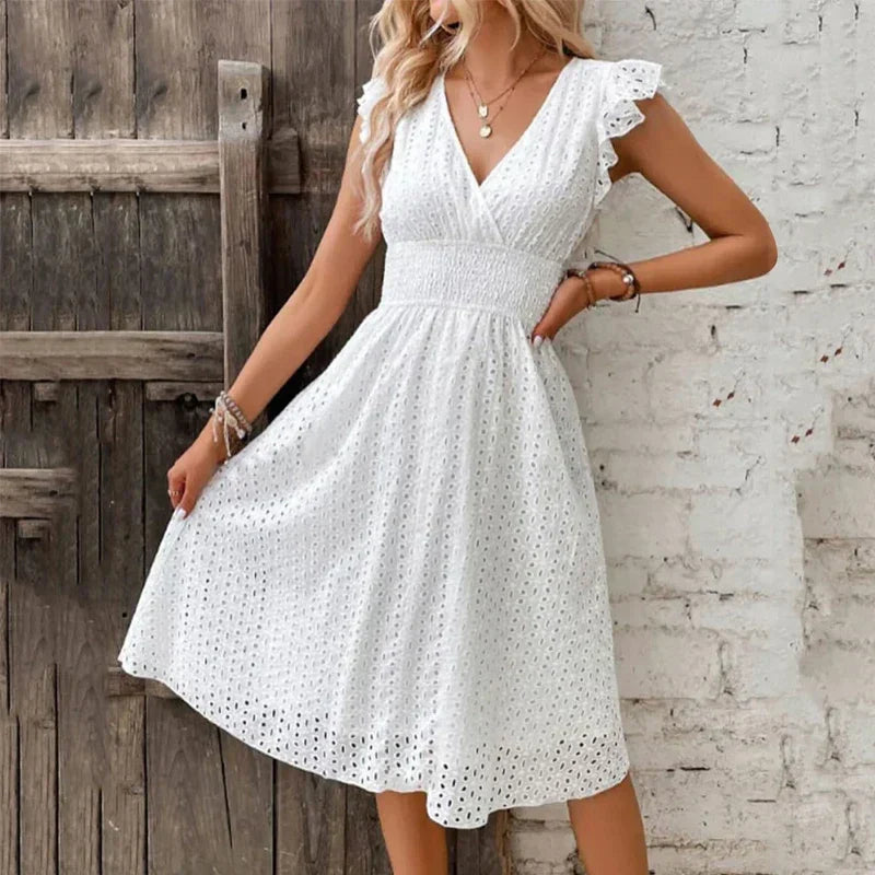 Women's White Broderie Anglaise Midi Dress with Smocked Waist, view 2