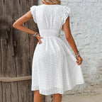 Women's White Broderie Anglaise Midi Dress with Smocked Waist, view 3