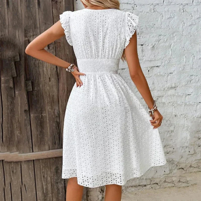 Women's White Broderie Anglaise Midi Dress with Smocked Waist, view 3