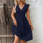 Women's White Broderie Anglaise Midi Dress with Smocked Waist, Navy, view 5