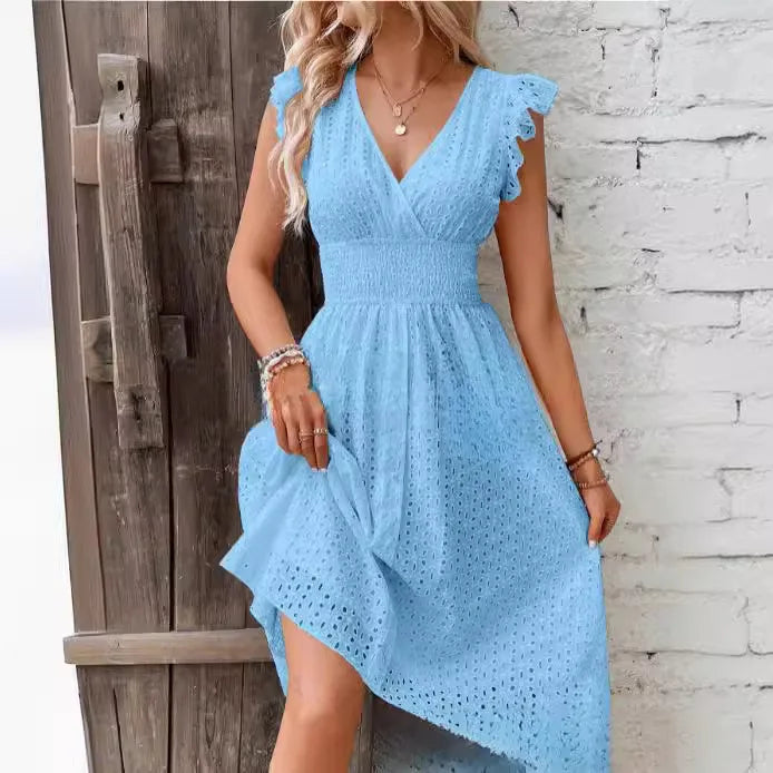 Women's White Broderie Anglaise Midi Dress with Smocked Waist, Blue, view 6