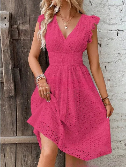 Women's White Broderie Anglaise Midi Dress with Smocked Waist, Pink, view 7