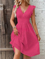 Women's White Broderie Anglaise Midi Dress with Smocked Waist, Pink, view 7