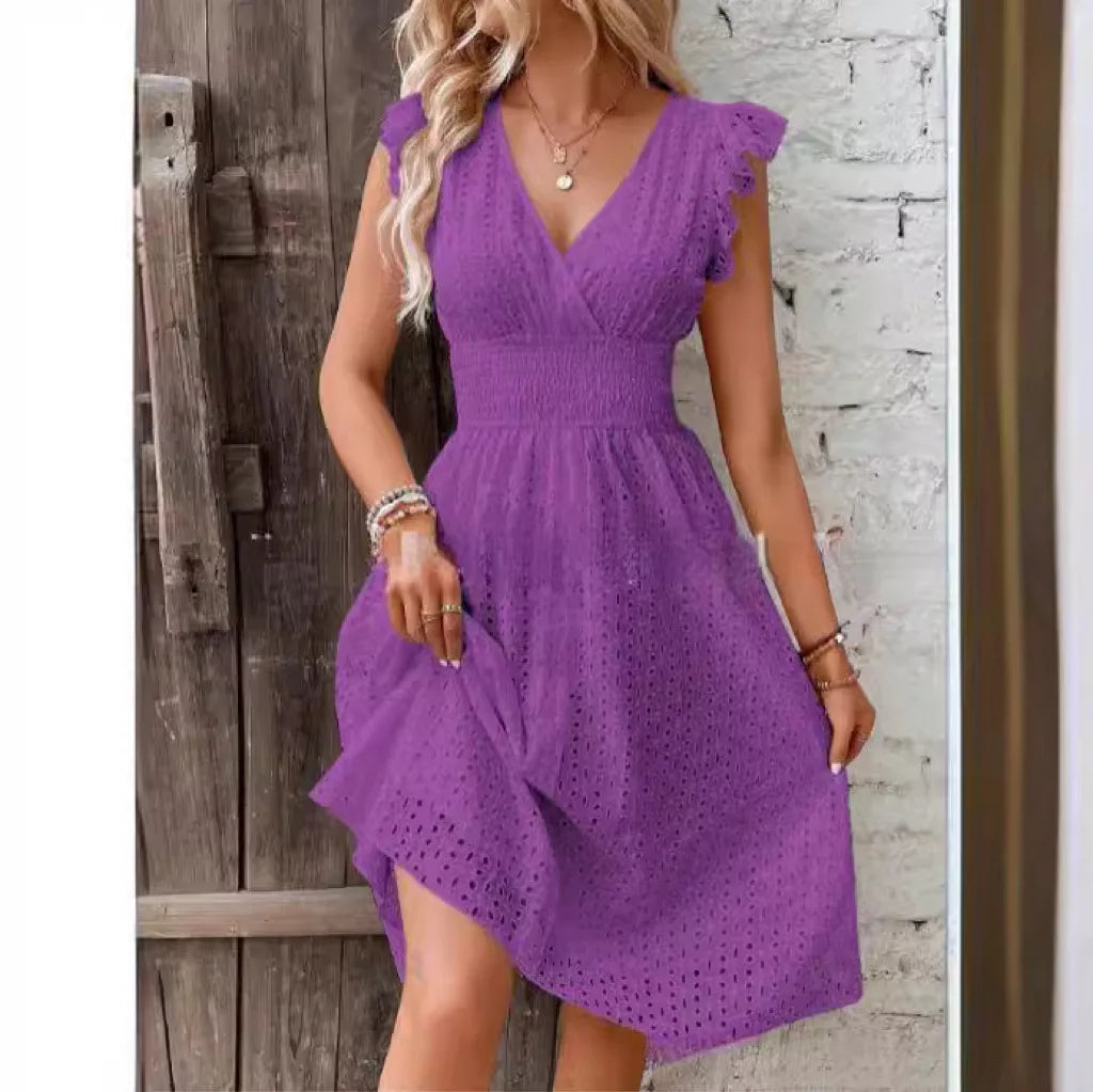 Women's White Broderie Anglaise Midi Dress with Smocked Waist, Purple, view 8