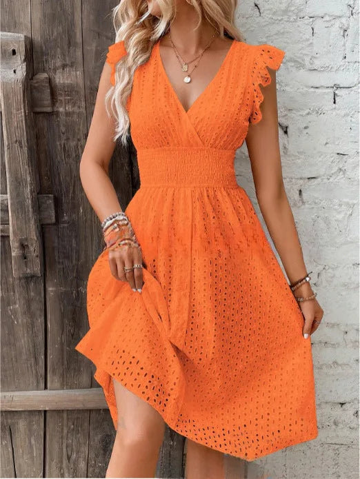 Women's White Broderie Anglaise Midi Dress with Smocked Waist, Orange, view 9