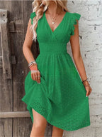 Women's White Broderie Anglaise Midi Dress with Smocked Waist, Green, view 10