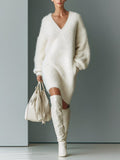 Women's White Fluffy Knit V-Neck Mini Dress, White, view 1