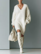 Women's White Fluffy Knit V-Neck Mini Dress, White, view 1