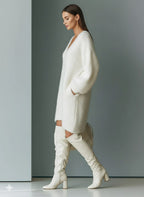 Women's White Fluffy Knit V-Neck Mini Dress, view 2