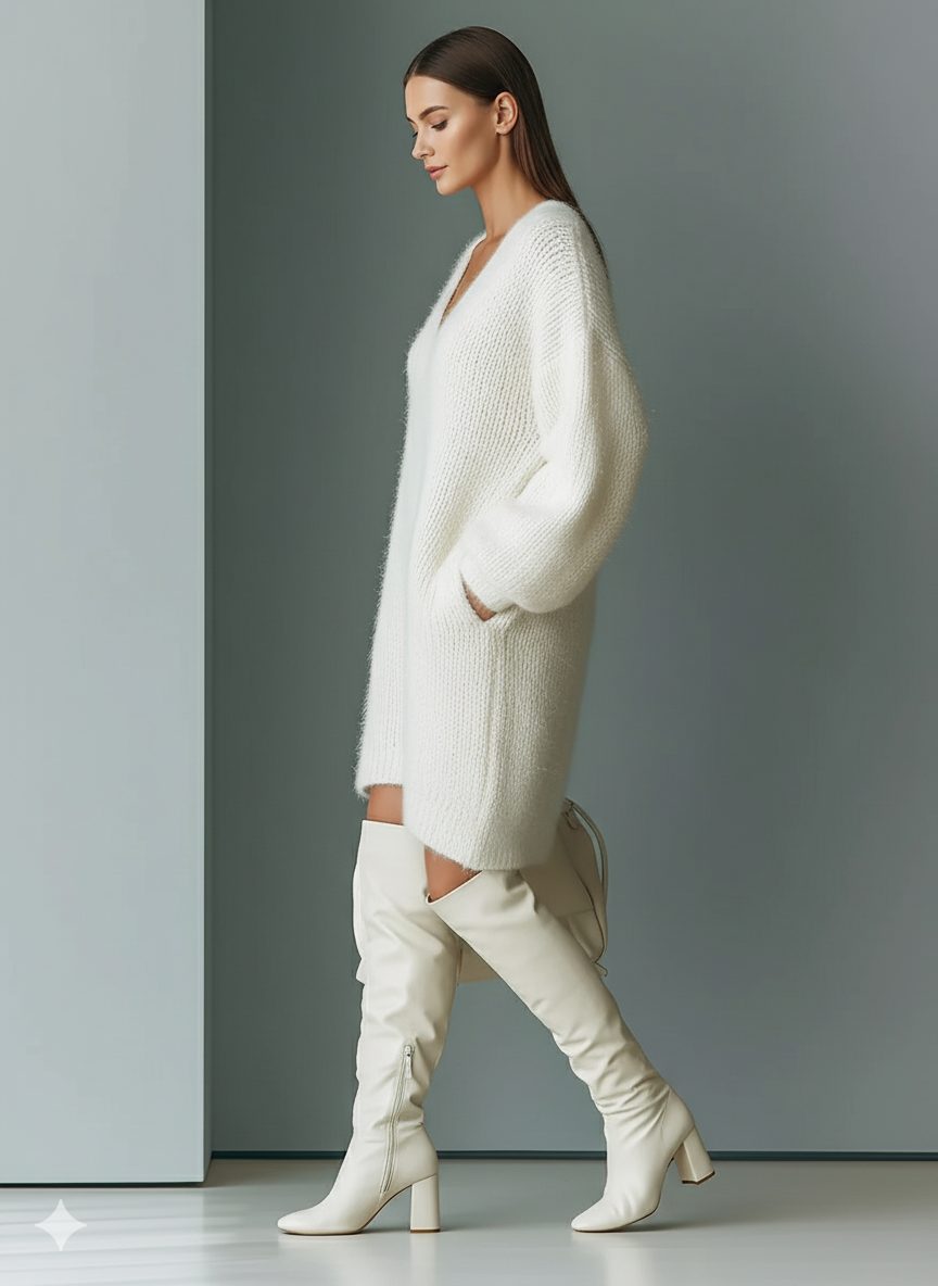 Women's White Fluffy Knit V-Neck Mini Dress, view 2