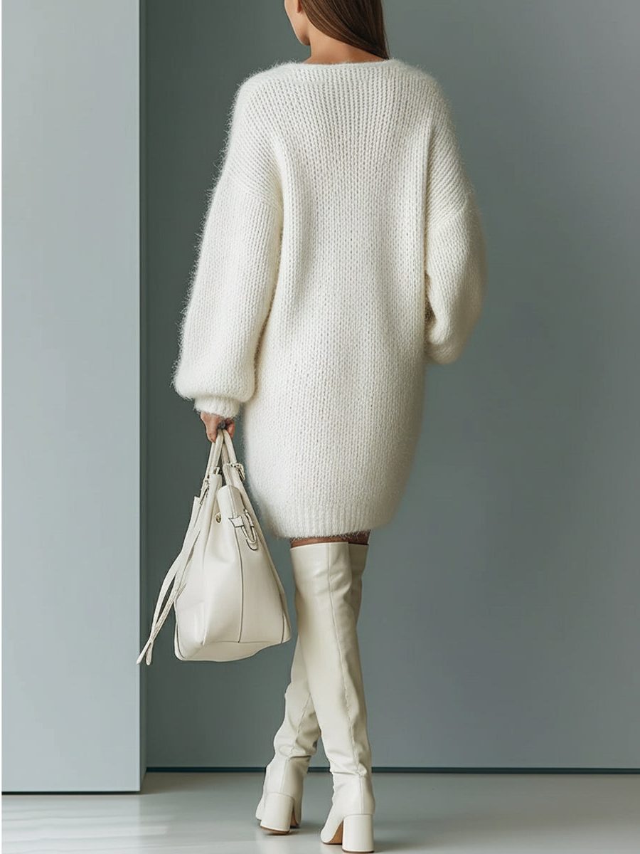 Women's White Fluffy Knit V-Neck Mini Dress, view 3