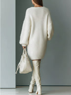 Women's White Fluffy Knit V-Neck Mini Dress, view 3