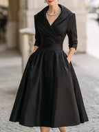 Women's Wrap Midi Dress with Pleated A-Line Skirt, Black, view 1